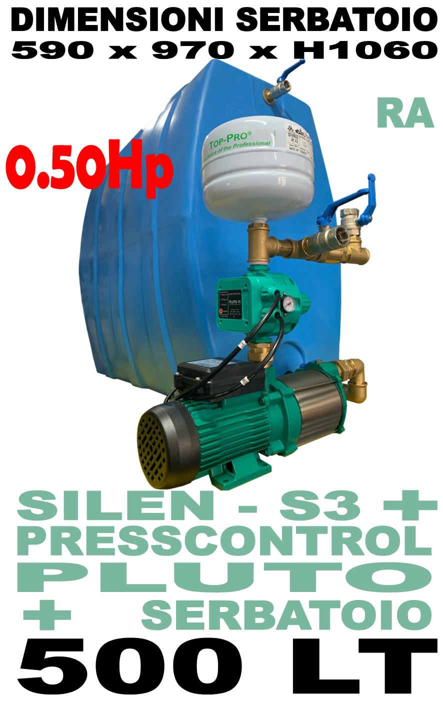 Kit autoclave silenzioso per casa fino a due piani (max 3 appartamenti) completo di elettropompa SILEN-S3 - polmone raccordi e presscontrol pre-regolato PLUTO 15 - serbatoio salvaspazio da 500 litri tipo RA500 - 0,50Hp